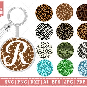 May include: A set of 12 digital designs featuring various animal print patterns. The designs are in a circle shape and include leopard, zebra, giraffe, snake, and other patterns. The designs are perfect for creating custom keychains, phone cases, or other crafts.