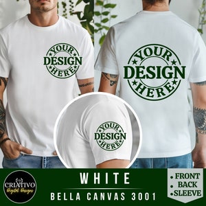 Maqueta de camiseta Bella Canvas 3001 blanca con vista frontal, trasera y de manga, Maqueta de camiseta para hombre 3001, Modelo masculino simulado, Estética simple