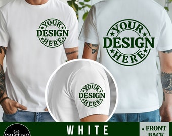 Bella Canvas 3001 Maquete de camiseta branca frontal, traseira e manga | Modelo de camiseta masculina 3001 | Simulação de modelo masculino | Estética Simples
