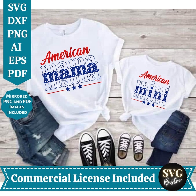 K&ouml;nnte beinhalten: Zwei wei&szlig;e T-Shirts mit rot-wei&szlig;-blauen Designs. Das gr&ouml;&szlig;ere Shirt sagt "American mama" mit Sternen und Streifen. Das kleinere Shirt sagt "American mini" mit Sternen und Streifen.