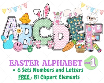 Könnte beinhalten: Oster-Alphabet-Clipart-Set mit den Buchstaben A, B, C, D, E und F, die mit Ostern-Motiven und Figuren verziert sind. Die Buchstaben sind schwarz umrandet und haben einen genähten Look. Das Set enthält 81 Clipart-Elemente.
