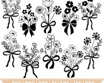 Paquete de flores silvestres SVG, prado de flores SVG, borde de flores SVG, ramo de flores minimalista, clipart de flores silvestres, boceto de flores SVG
