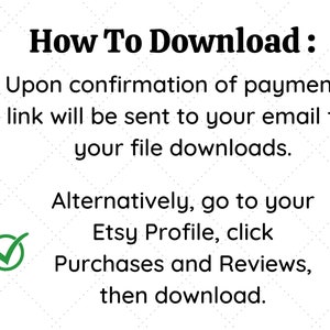 Puede incluir: Un icono de marca de verificaci&oacute;n verde con el texto "C&oacute;mo descargar:" seguido de instrucciones sobre c&oacute;mo descargar archivos digitales despu&eacute;s de la compra. Las instrucciones indican que se enviar&aacute; un enlace al correo electr&oacute;nico del comprador o que el comprador puede descargar los archivos desde su perfil de Etsy.
