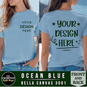 Mockup T-shirt Bella Canvas 3001 | Mockup van oceaanblauw voor- en achteraanzicht | Mockups voor- en achterkant | Mock-up overhemd dames | Oceaanblauw