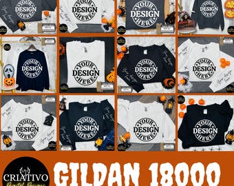 Paquete de maquetas de Halloween Gildan 18000, colección de Acción de Gracias con cuello redondo G18000, paquete de tienda de otoño de moda, maquetas de sudaderas unisex populares