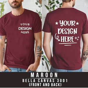 Maquette de t-shirt bordeaux Bella Canvas 3001 vue de face et de dos | 3001 Maquette de t-shirt pour homme | Maquette de modèle réel | Split View esthétique simple