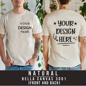 Maquette de t-shirt naturel Bella Canvas 3001 vue de face et de dos | 3001 Maquette de t-shirt pour homme | Maquette de modèle réel | Split View esthétique simple