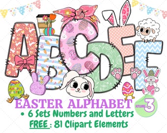 Könnte beinhalten: Oster-Alphabet-Clipart-Set mit den Buchstaben A, B, C, D, E und F. Jeder Buchstabe ist mit Pastellfarben, Ostereiern, Hasen und anderen Ostern-Designs verziert. Das Set enthält 6 Sätze mit Zahlen und Buchstaben sowie 81 Clipart-Elemente.