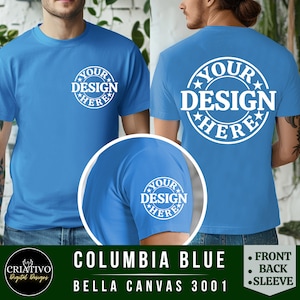 Bella Canvas 3001 blauwe voorkant, achterkant en mouw View Tshirt Mockup | 3001 Heren t-shirtmodel | Mannelijke modelmock | Eenvoudige esthetische splitsing