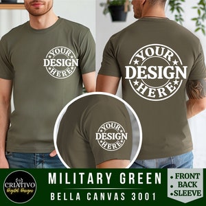 Bella Canvas 3001 Militärgrün Front, Rücken und Ärmelansicht Tshirt Mockup | 3001 Herren Tshirt Mock-up | Männliches Modell Mock | Einfache Ästhetik