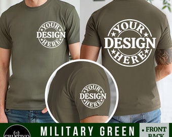 Bella Canvas 3001 Militärgrün Front, Rücken und Ärmelansicht Tshirt Mockup | 3001 Herren Tshirt Mock-up | Männliches Modell Mock | Einfache Ästhetik