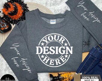 Gildan 18000 Dark Heather Halloween Sweatshirt Mockup, G18000 Crewneck Thanksgiving Collection, Trendy Fall Shop Bundle, Popular Sweatshirt