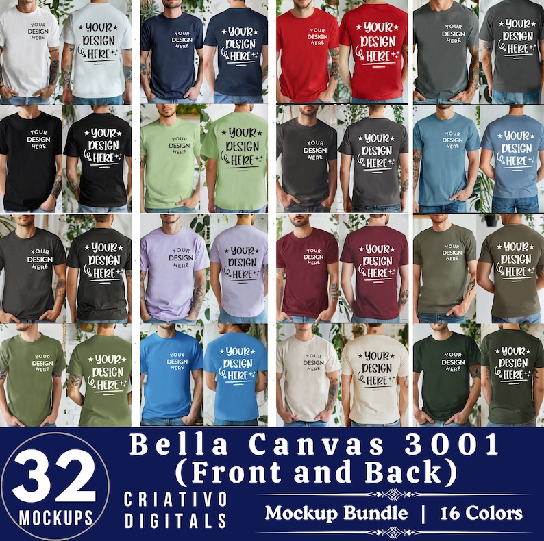 May include: A mockup of 32 Bella Canvas 3001 t-shirts in 16 different colors. The t-shirts are shown on models in a variety of poses, with the front and back of the shirts visible. The text "Bella Canvas 3001 (Front and Back)" is displayed at the bottom of the image, along with the text "32 Mockups" and "Criativo Digitals Mockup Bundle | 16 Colors".