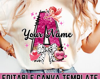 Könnte beinhalten: Editierbare Canva-Vorlage mit einem pinkfarbenen Glitzerbuchstaben A mit einer weißen und schwarzen Tupfen Schleife, einem pinkfarbenen Herzen mit Sonnenbrille und einem pinkfarbenen Amor mit Pfeil und Bogen. Der Text "Your Name" ist in Schwarz über dem Buchstaben A geschrieben.