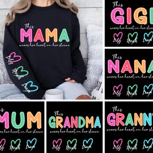 Esta mamãe/avó/vovó usa o coração na manga (SVG), pacote de mamãe, Dia das Mães, nomes personalizados para crianças, coração de mamãe (SVG), moletom de mãe (SVG)