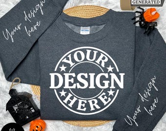 Gildan 18000 Dark Heather Halloween Sweatshirt Mockup, G18000 Crewneck Thanksgiving Collection, Trendy Fall Shop Bundle, Popular Sweatshirt