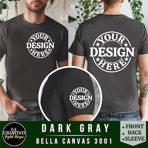 Maquette de t-shirt Bella Canvas 3001 gris foncé sur le devant, le dos et les manches | 3001 Maquette de t-shirt pour homme | Maquette de modèle masculin | Split esthétique simple