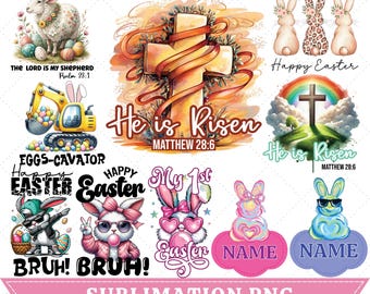 Easter Sublimation Bundle, Brushstroke bunny easter png bundle, bunny coquette bow png, he is risen png, easter png, retro easter png