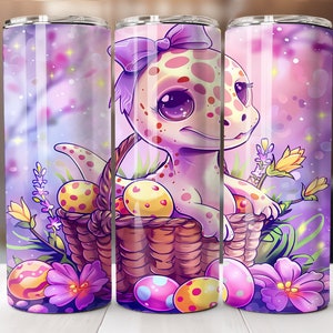 Joli gobelet à sublimation de dinosaure de Pâques | Gobelet fin, 20 oz | Téléchargement numérique | Motifs de sublimation pour gobelets droits