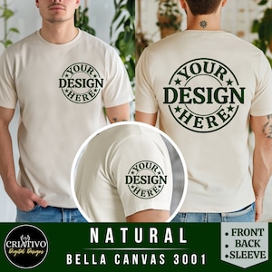 Bella Canvas 3001 natuurlijke voorkant, achterkant en mouw weergave tshirt mockup | 3001 Heren t-shirtmodel | Mannelijke modelmock | Eenvoudig esthetisch