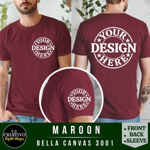 Bella Canvas 3001 kastanjebruine voor-, achter- en mouw-weergave T-shirtmodel | 3001 mock-up herent-shirt | Model herenmodel | Eenvoudige esthetiek