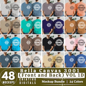 Bella Canvas 3001 voor- en achteraanzicht T-shirtmodelbundel | 3001 mock-up herent-shirt | Nepmodel van echt model | Eenvoudige esthetische gesplitste weergave
