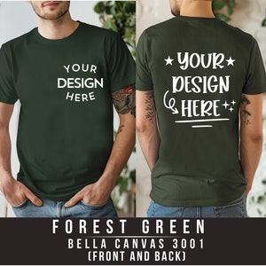 Maquette de t-shirt Bella Canvas 3001 vert forêt vue de face et de dos | 3001 Maquette de t-shirt pour homme | Maquette de modèle réel | Split View esthétique simple