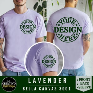 Maquette de t-shirt Bella Canvas 3001 lavande avec vue sur le devant, le dos et les manches | 3001 Maquette de t-shirt pour homme | Maquette de modèle masculin | Esthétique simple