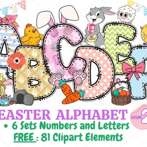 Bundle de l'alphabet Doodle de Pâques, lettres avec lettres PNG Clipart, chiffres & accessoires, conception de sublimation de Pâques, police Doodle, fichiers PNG