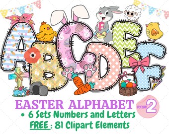 Könnte beinhalten: Oster-Alphabet-Clipart-Set mit den Buchstaben A, B, C, D, E und F. Jeder Buchstabe ist mit einem Patchwork-Design aus Ostern-Motiven verziert, darunter Hasen, Eier und Blumen. Die Buchstaben sind von verschiedenen Ostern-Elementen umgeben, wie z. B. einem Hasen mit einem Korb, einem Küken und einem Kreuz. Der Text "Easter Alphabet Volume 2" und "6 Sets Numbers and Letters FREE: 81 Clipart Elements" ist ebenfalls enthalten.