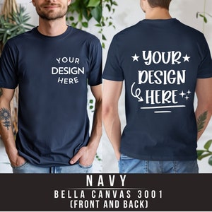 Maquette de t-shirt bleu marine Bella Canvas 3001 vue de face et de dos | 3001 Maquette de t-shirt pour homme | Maquette de modèle réel | Split View esthétique simple