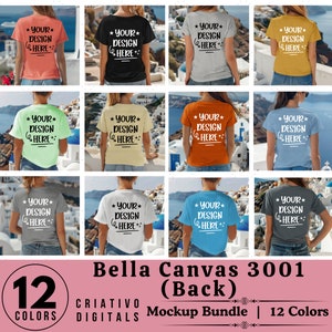 背面図 Bella Canvas 3001 モックアップ バンドル、3001 T シャツ バンドル、Bella Canvas モデル モックアップ バンドル、ライフスタイル モックアップ、トレンディなシャツ モックアップ