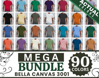 Paquete de maquetas Bella Canvas 3001 / 90 colores, paquete de maquetas de camisetas Bella y Canvas para hombres, maquetas de camisetas con vista frontal para hombres, maquetas POD,