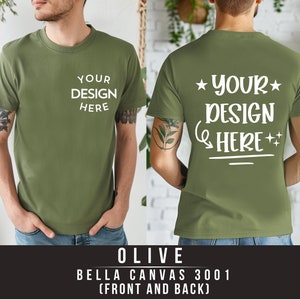 Bella Canvas 3001 olijfgroen voor- en achteraanzicht T-shirtmodel | 3001 mock-up herent-shirt | Nepmodel van echt model | Eenvoudige esthetische gesplitste weergave