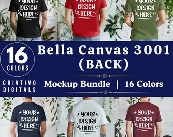 Può includere: Pacchetto di mockup di 16 t-shirt Bella Canvas 3001 in vari colori. Le t-shirt sono mostrate dal retro con il testo "* YOUR* DESIGN HERE++" stampato su di esse.
