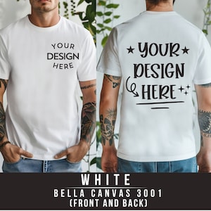 Bella Canvas 3001 wit T-shirtmodel met voor- en achteraanzicht | 3001 mock-up herent-shirt | Nepmodel van echt model | Eenvoudige esthetische gesplitste weergave