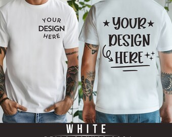 Bella Canvas 3001 Maquete de camiseta branca com vista frontal e traseira | Modelo de camiseta masculina 3001 | Simulação de modelo real | Visualização dividida estética simples