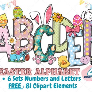 Bundle de l'alphabet Doodle de Pâques, lettres avec lettres PNG Clipart, chiffres & accessoires, conception de sublimation de Pâques, police Doodle, fichiers PNG
