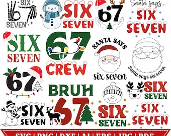 Könnte beinhalten: Eine Sammlung digitaler Designs zum Thema Weihnachten mit den Zahlen 6 und 7 sowie den Wörtern "SIX" und "SEVEN" in verschiedenen Stilen. Designs umfassen Weihnachtsmänner, Schneemänner, Rentiere und festlichen Text.