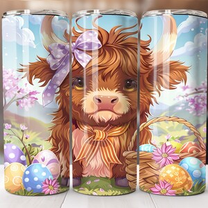 Adorables emballages pour verres à sublimation vache Highland de Pâques | Gobelet fin, 20 oz | Téléchargement numérique | Sublimation d'emballage pour gobelet droit