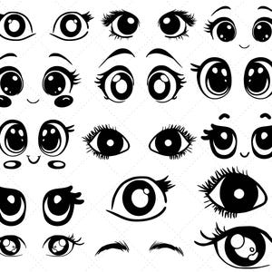 Puede incluir: Un conjunto de ojos, cejas y pesta&ntilde;as de dibujos animados en blanco y negro. Los ojos son de varios estilos, incluyendo grandes, redondos y en forma de almendra. Algunos ojos tienen pupilas, mientras que otros no. Las cejas y las pesta&ntilde;as tambi&eacute;n son de varios estilos.