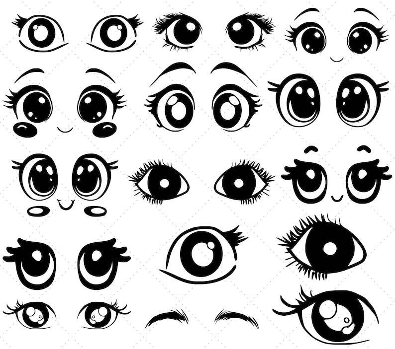 Puede incluir: Un conjunto de ojos, cejas y pesta&ntilde;as de dibujos animados en blanco y negro. Los ojos son de varios estilos, incluyendo grandes, redondos y en forma de almendra. Algunos ojos tienen pupilas, mientras que otros no. Las cejas y las pesta&ntilde;as tambi&eacute;n son de varios estilos.
