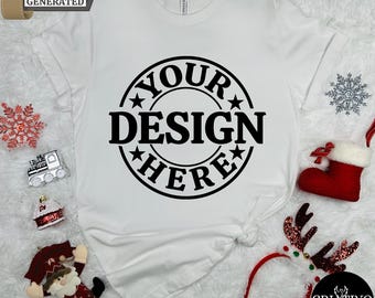 Maqueta de camiseta navideña Bella Canvas 3001 blanca Maqueta de camiseta navideña Maqueta de camiseta Bella Canvas Camisa acogedora informal de franela para vacaciones navideñas