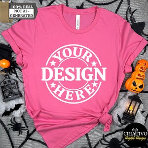 Maqueta de camiseta de Halloween Pink Bella Canvas 3001 / Maqueta de camiseta Pink BC 3001 / Modelo real / Maqueta de camiseta de Halloween de otoño divertida y espeluznante