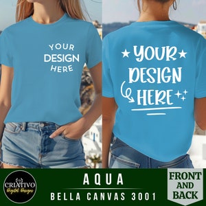 Bella Canvas 3001 T-shirtmodel | Aqua voor- en achteraanzicht tshirt mockup | Achteraanzicht | Voor- en achterkant modellen | Buiten | Mock-ups voor dames