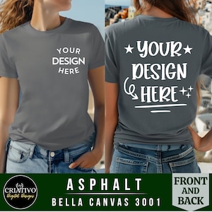 Mockup T-shirt Bella Canvas 3001 | Mockup van T-shirt met voor- en achteraanzicht asfalt | Achteraanzicht | Mockups voor- en achterkant | Buitenshuis | Mock-up dames