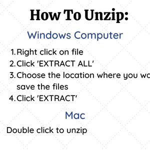 Puede incluir: Un icono de marca de verificaci&oacute;n verde junto a instrucciones sobre c&oacute;mo descomprimir archivos en una computadora con Windows y una Mac. Las instrucciones para Windows incluyen hacer clic con el bot&oacute;n derecho en el archivo, hacer clic en 'Extraer todo', elegir una ubicaci&oacute;n para guardar los archivos y hacer clic en 'Extraer'. Las instrucciones para Mac incluyen hacer doble clic para descomprimir.