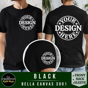 Maquette de t-shirt Bella Canvas 3001 noir sur le devant, le dos et les manches | 3001 Maquette de t-shirt pour homme | Maquette de modèle masculin | Split esthétique simple