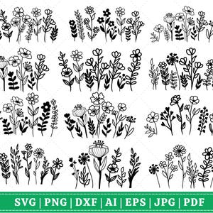 Pacchetto Svg Wildflower, Svg Flower Meadow, Svg Flower Border, Bouquet di fiori minimalista, Clipart Wildflower, Svg Flower Sketch