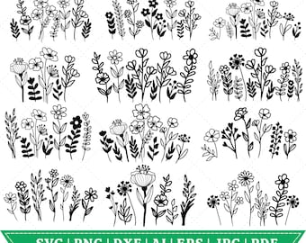 Paquete de flores silvestres SVG, prado de flores SVG, borde de flores SVG, ramo de flores minimalista, clipart de flores silvestres, boceto de flores SVG